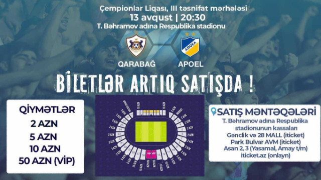 "Qarabağ" - APOEL matçının biletləri satışa çıxarıldı 