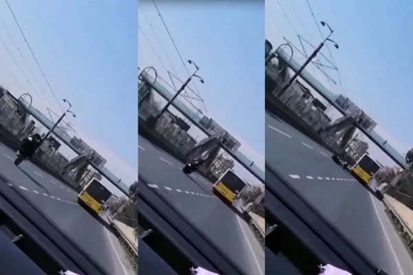 Bir təkər üzərində hərəkət edən motosiklet sürücüsü belə yıxıldı - VİDEO